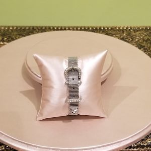 Flexible Silver Mesh Belt Buckle Bracelet With Crystal Accents